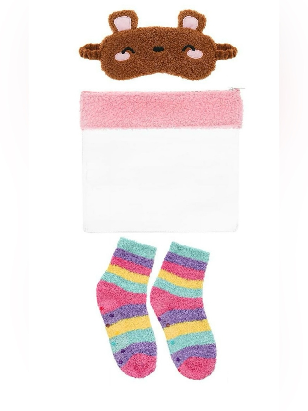 NWT Wonder Nation Teddy Bear Sleepover Set‎ Eye Mask Fuzzy Rainbow Socks Pouch